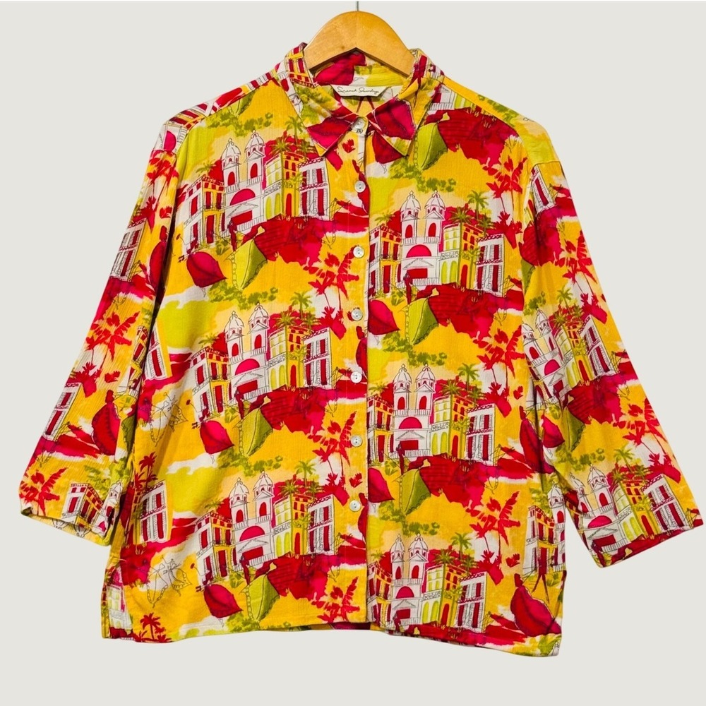French Laundry Shirt Womens S Yellow Red Tropical City Print Artsy Fun Art Deco